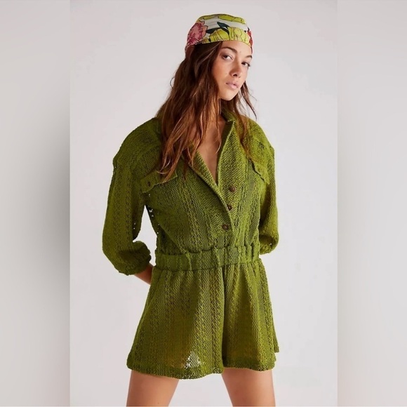 Free People Ryan Knit Crochet Romper Green One Piece Size XS Women’s Collared - Picture 1 of 11